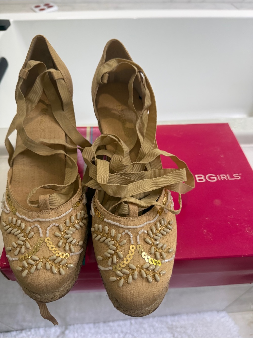 BCBG Tan Embellished Lace-Up Espadrilles